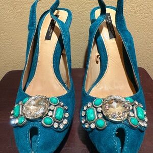 MAKE OFFER Zara Teal Embellished Slingback Heels